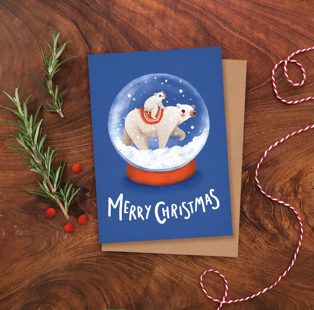 Polar Bear Snow Globe Christmas Card / Illustrated Cute Baby Bear ...