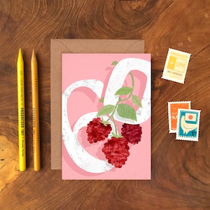 60th Raspberry Geburtstagskarte, PlastikFreie Sixtieth Illustrierte Alterskarte, Fruchtige Geburtstagskarte, Typografie Himbeer Grußkarte