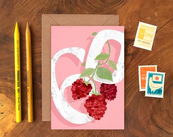 60th Raspberry Birthday Card, Plastic Free Sixtieth Illustrated Age Card, Fruity Birthday Card, Typography Raspberry Greetings Card