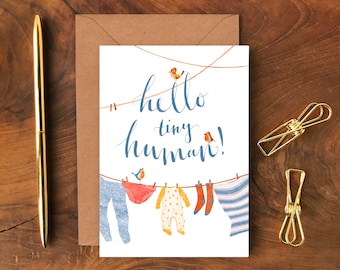 Hello Tiny Human Greetings Card, New Baby Card, Baby Clothes Washing Line Card, Baby Boy or Girl Card