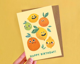 Carte d’anniversaire Lemon Faces A6 / Carte de vœux d’illustration d’agrumes sans plastique / Carte illustrée de visages drôles pour enfants ou adultes