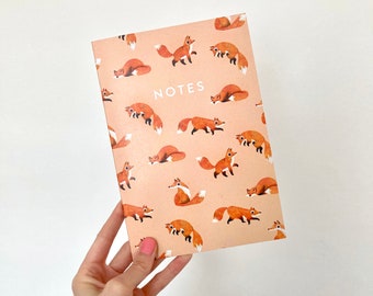 A5 Fox Notebook / Plain Recycled Notepad / Illustrated Journal with Patterned Fox Illustration on Cover for Notes and Lists