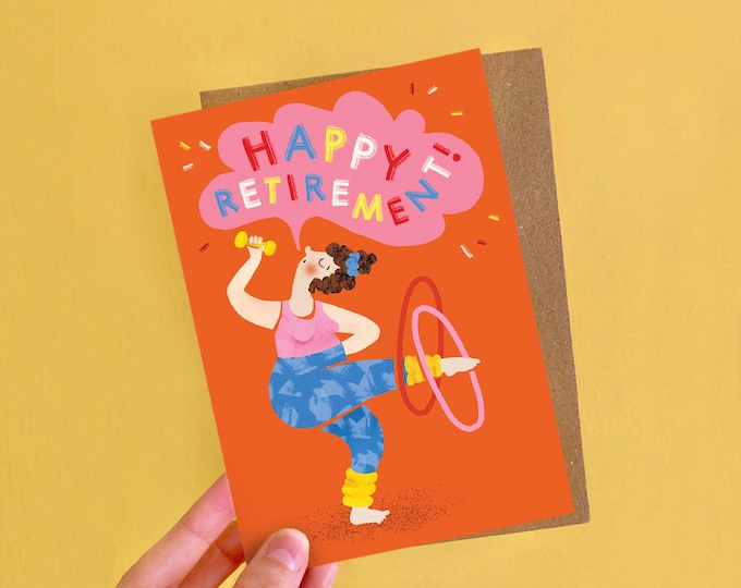 Funny Retirement Card | Illustrated Dancing Woman, Good Luck, Plastic Free