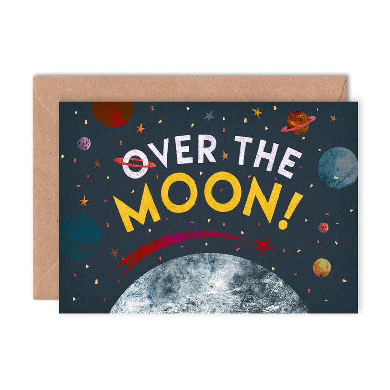 Over the Moon Greetings Card, Plastic Free Blank Celebration Card, Illustrated Congratulations Card image 2