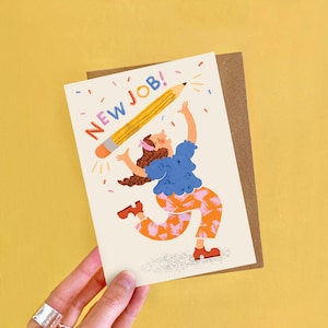 New Job Dance Greetings Card / Plastic Free Illustrated Funny Congratulations Card for her / New Job Celebration Card / Giant Pencil Card