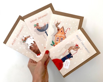 Pack of 8 Mouse Christmas Cards, Multipack of Mice Holiday Greeting Cards, Eight Illustrated Seasonal Cards