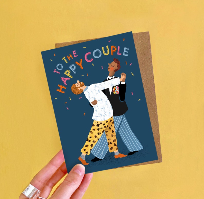Happy Couple Dance MM Wedding Card / Plastic Free Illustrated Dancer Card Gay Couple / Civil Partnership Card Men / Husband and Husband image 1