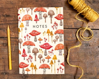 A5 Toadstool Notebook / Recycled Botanical Illustrated Gift / Plain Paged Notepad with Patterned Cover for Shopping Lists, Doodles and Notes