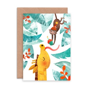 Giraffe and Monkey A6 Birthday Card / Illustrated Animal Character Greetings Card / Children's Birthday Card, Cupcake gift card image 2