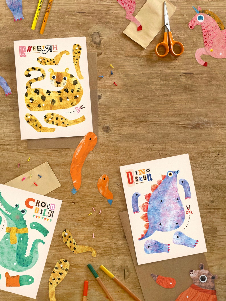Dinosaur Split Pin Puppet A5 Greeting Card / Children's Cut Out Activity fo Birthdays or Celebrations / Dinosaur Illustrated Birthday Card 画像 6