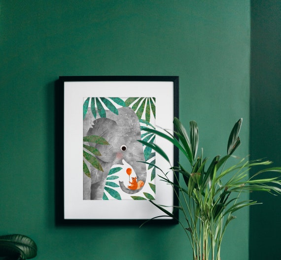 Elephant & Squirrel Recycled A4 Art Print, Eco Friendly Illustrated Wall Art for Bedroom, Nursery, Living Room, Unframed Jungle Print