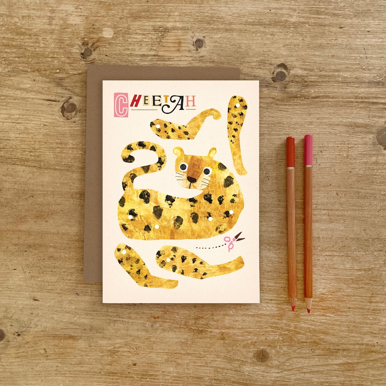 Gepard Split Pin Puppe A5 Grußkarte / Kinder Ausschnitt Aktivität für Geburtstage oder Feiern / Big Cat Illustrierte Karte Bild 6