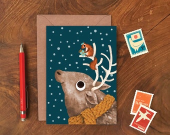 Christmas Reindeer and Squirrel Card / Plastic Free Illustrated Christmas Animal Card / Christmas Character Greetings Card