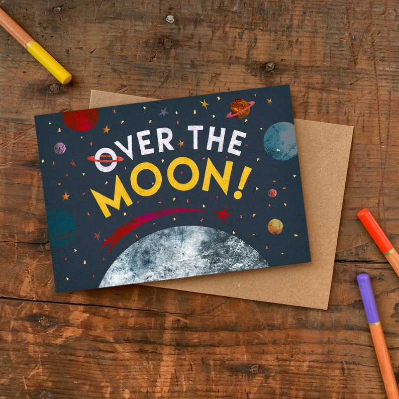 Over the Moon Greetings Card, Plastic Free Blank Celebration Card, Illustrated Congratulations Card image 1