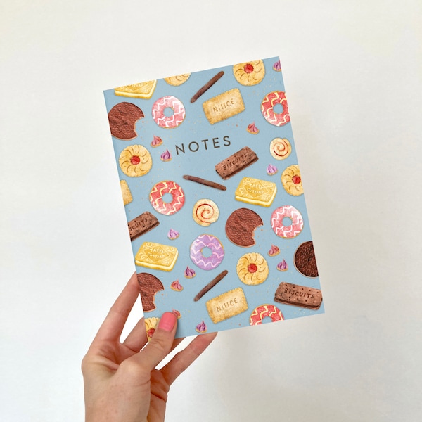 A5 Biscuit Notebook / Recycled Illustrated Gift for Biscuit Lovers / Plain Notepad with Patterned Cover for Shopping Lists and Notes