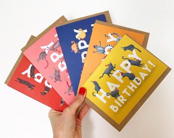 Lot de six cartes Joyeux anniversaire, lot de 6 cartes d'animaux en 6 motifs colorés, chat, chien saucisse, lémurien, caméléon, lapin et toucan