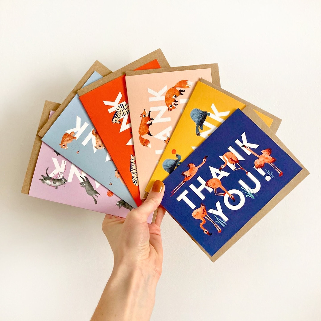 Bundle of Six Thank You Cards, Pack of Animal Cards in 6 Colourful