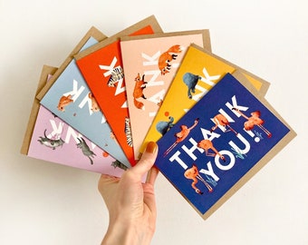 Bundle of Six Thank You Cards, Pack of Animal Cards in 6 Colourful Designs, Cat, Bear, Tortoise, Flamingo, Zebra and Fox Illustrated Cards