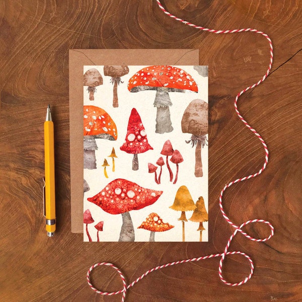 Toadstool Greeting Card | Illustrated Botanical Mushroom Pattern, Plastic Free & Blank Inside