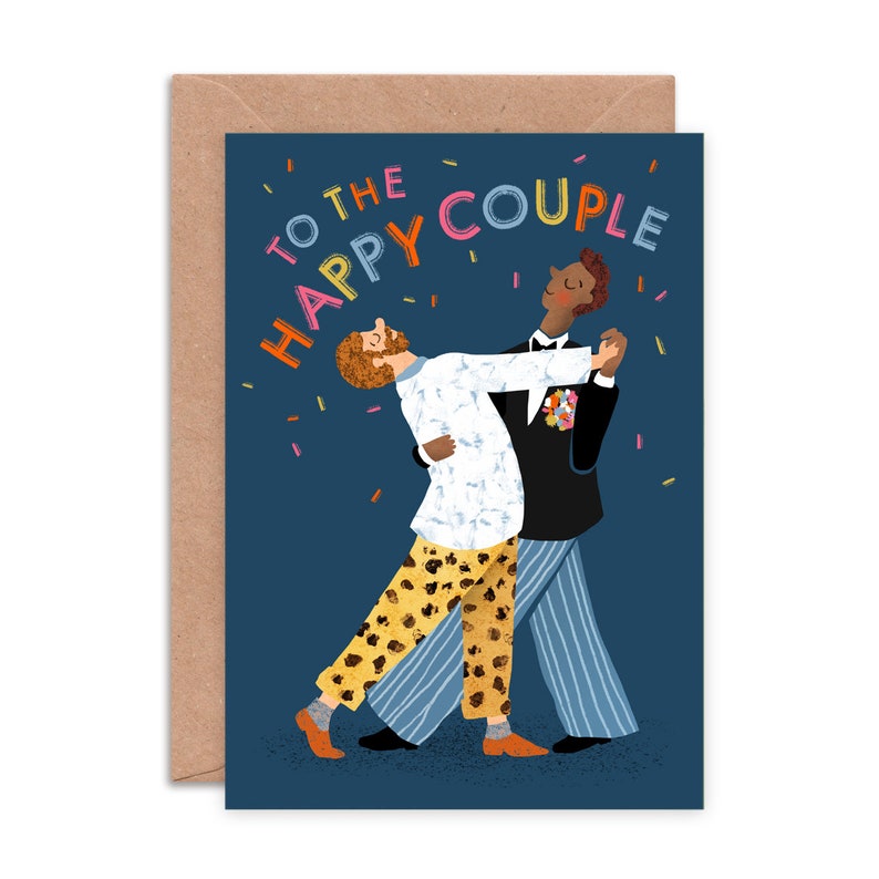 Happy Couple Dance MM Wedding Card / Plastic Free Illustrated Dancer Card Gay Couple / Civil Partnership Card Men / Husband and Husband image 2