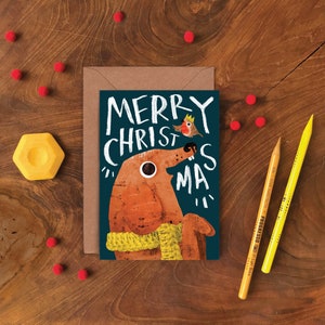 Carte de chien de Noël et de Robin / Carte d’animal illustré sans plastique / Carte de vœux de personnage de Noël