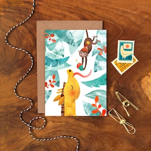 Giraffe und Affe A6 Geburtstagskarte / Illustrierte Tierfigur Grußkarte / Kindergeburtstagskarte, Cupcake Geschenkkarte