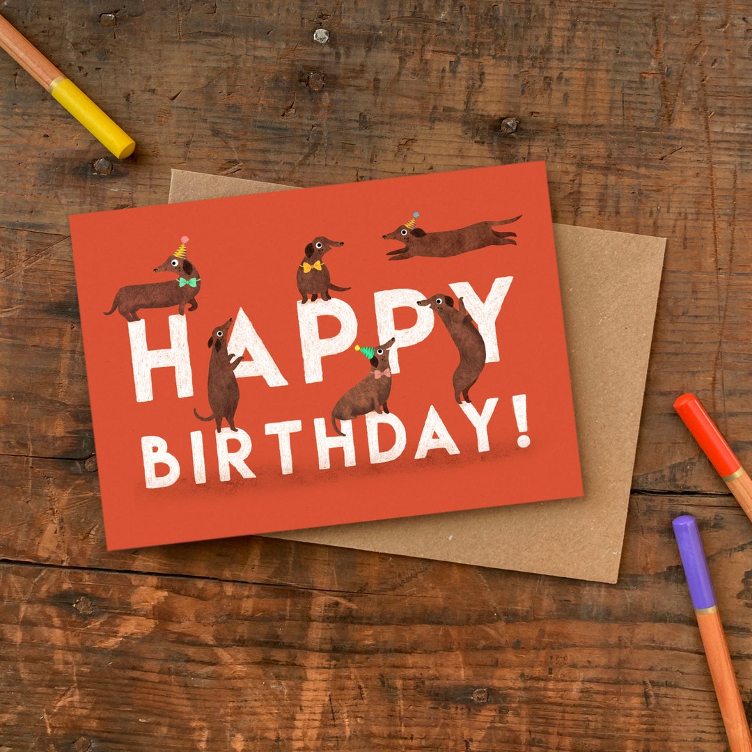 Happy Birthday Dachshund Card | Funny Sausage Dog Party Hats Greeting ...