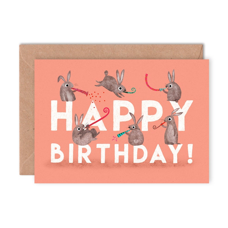 Happy Birthday Rabbit A6 Card / Bunny Character Greetings Card / Rabbits with Party Poppers / Children's Birthday Card image 3