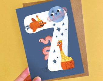 Crazy Critters Age 7 Card | Monster Theme Kid's 7th Birthday Card, Plastic Free