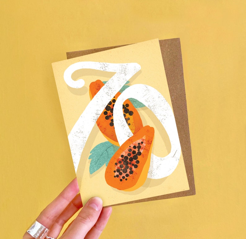 70th Papaya A6 Birthday Card / Seventieth Illustrated Age Card / 70 Years Old Fruity Birthday Card / 70th Birthday Fruit Greeting Card image 1