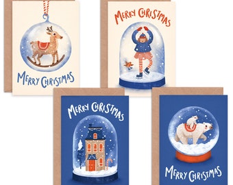 Pack of 8 Snow Globe Christmas Cards / Multipack of Illustrated Decoration Holiday Cards / Reindeer, Polar Bear, Ice Skater & Winter House