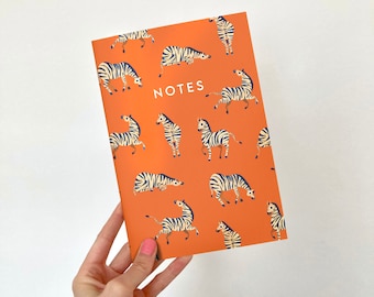 A5 Zebra Notebook / Recycled Plain Paged Notepad / Orange Notebook with Cute and Fun Patterned Cover for Doodles, Shopping Lists and Notes