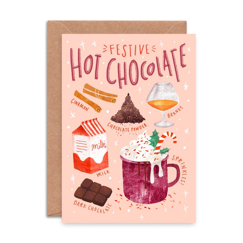 Hot Chocolate Christmas Card / Illustrated Food Recipe Greetings Card / Cup of Cocoa Card / Festive Holiday Card image 2