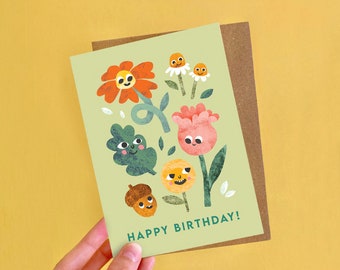 Carte de vœux d’anniversaire de visages de fleurs / Carte A6 Illustration de la nature des feuilles pour enfants ou adultes / Carte d’anniversaire nature pour les enfants adultes