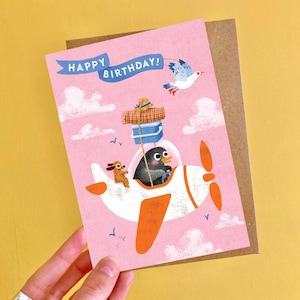 Cartão de felicitações de avião de aniversário A6 / Cartão de felicitações ilustrado com personagem animal pinguim voador / Cartão de aniversário engraçado para crianças