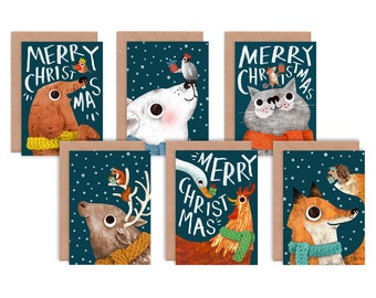 Pack of 12 Animal Christmas Cards, Multipack of Cat, Dog, Polar Bear, Reindeer, Chicken & Fox Illustrated Holiday Cards