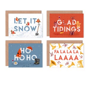 Lot de 8 cartes de vœux illustrées, citations de Noël, lot de cartes pour les fêtes, Fa la la la la, bonne nouvelle, ho ho ho et la neige
