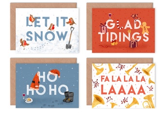 Pack of 8 Illustrated Christmas Cards, Christmas Quotes Multipack of Holiday Cards, Fa la la la la, Glad Tidings, Ho Ho Ho and Let it Snow,