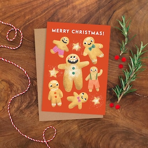Biglietto di Natale con facce buffe di pan di zenzero / Biglietto di auguri illustrato per le feste / Biglietto illustrato di biscotti di Natale / Pan di zenzero di Natale