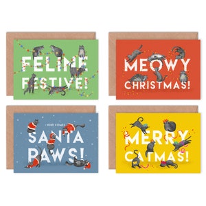 Lot de 8 cartes de vœux de Noël avec chat, lot illustré de cartes de vœux félines, pattes de père Noël, cartes de vœux avec des motifs de chat et de chaton