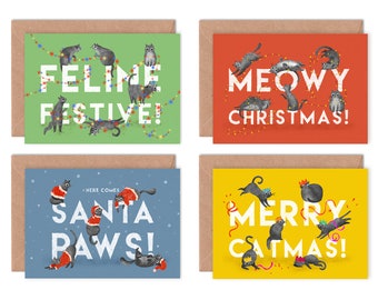 Pack of 8 Cat Christmas Cards, Illustrated Multipack of Feline Greeting Cards, Santa Paws, Holiday Cards with Cat & Kitten Designs