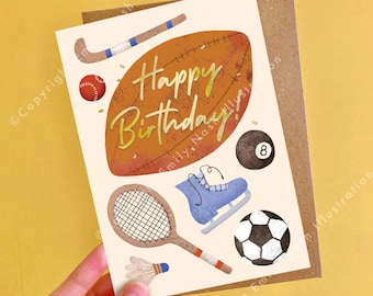 Gold Foiled Sports Themed Birthday Card: A6 Illustrated Card