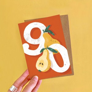 Biglietto di auguri per il 90° compleanno Pera / Biglietto A6 per il novantesimo compleanno illustrato / Biglietto di compleanno fruttato per 90 anni / Biglietto di auguri con tipografia pera per la nonna