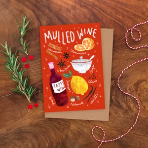Ricetta del vin brulé Biglietto di Natale, Biglietto di auguri illustrato per le feste, Biglietto illustrativo di cibo natalizio