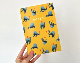 A5 Tortoise Notebook / Recycled Notepad with Plain Pages / Illustrated Yellow Notebook with Cute Patterned Cover for Lists and Notes