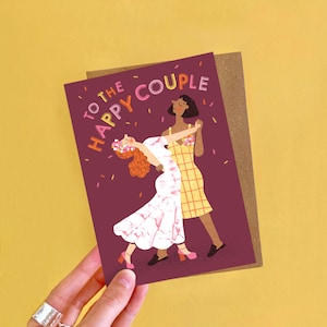 Tarjeta de boda Happy Couple Dance (FF) / Tarjeta de bailarín ilustrada libre de plástico Pareja gay / Tarjeta de asociación civil para mujeres / Esposa y esposa