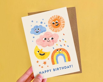 Weather Faces Birthday Greeting Card / A6 Card Kids or Adults, Sun, Cloud, Rainbow, Stars Illustration / Birthday Card for Children Grown Up