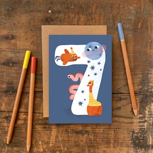 Alter Sieben Verrückte Critters Geburtstagskarte / 7 Jahre Grußkarte / Lustige Geburtstagskarte für Jungen oder Mädchen / Kid's Monster Moon Card