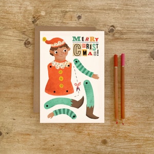 Tarjeta de felicitación A5 con títere de duende navideño con pasador partido / Actividad recortable para niños para rellenar calcetines para celebraciones navideñas / Tarjeta ilustrada