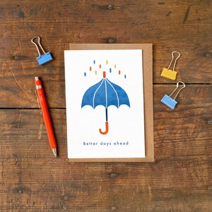 Cartão de felicitações para dias melhores à frente / Cartão de simpatia, desculpas ou melhoras logo / Cartão de felicitações em branco ilustrado A6 com design de guarda-chuva